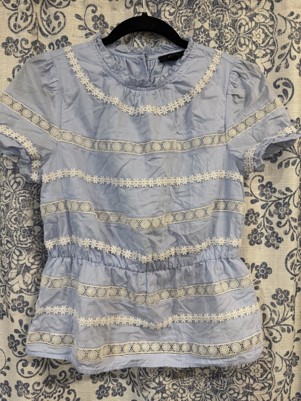 J. Crew Light Blue Floral Trim Blouse